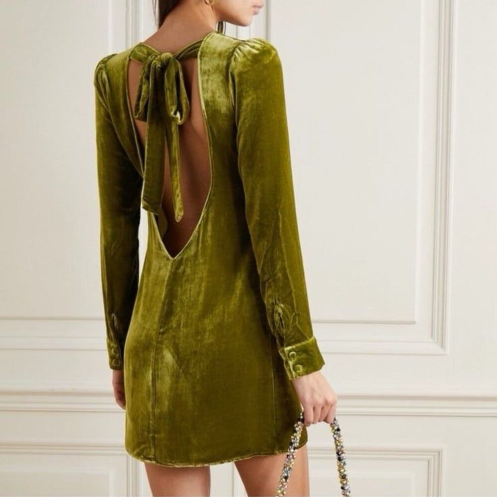 Reformation Kyra Open Back Velvet Mini Dress in Pear Green Size 6
